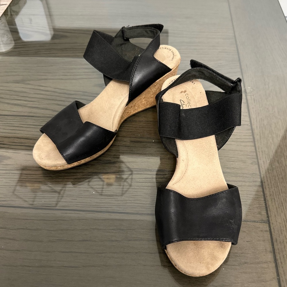 Clarks Black Elastic Strap Cork Wedge Sandals